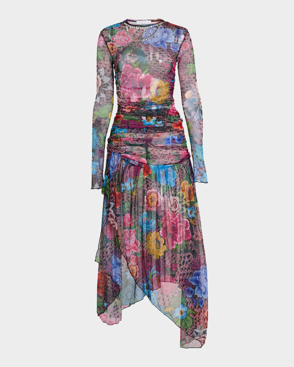 Crystal-Necklace Long-Sleeve Tulle Midi Dress